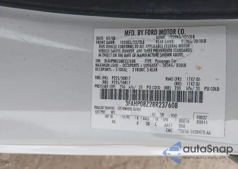 2008 Ford Fusion Sel z USA, uszkodzony, nr VIN 3FAHP08Z28R237608